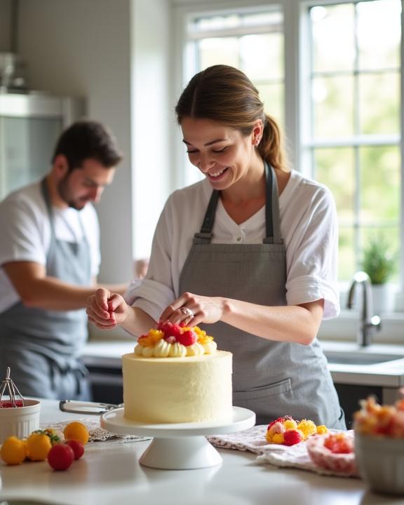 Dessert instructor demonstrating cake techniques in kitchen