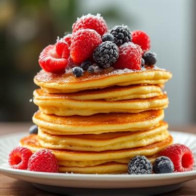 Fluffy stacked pancakes with toppings