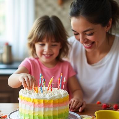 Parent and child decorating a birthday cake together